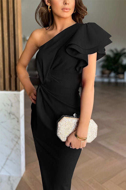 Caz Off-Shoulder Midi-Kleid mit Rüschensäumen und schickem Schlitz