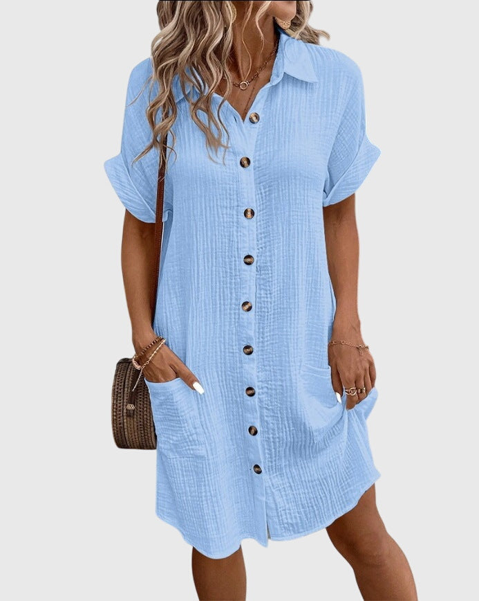 Locker geschnittenes Sommerkleid mit Knopfleiste – Midikleid Kurzarm Polokleid