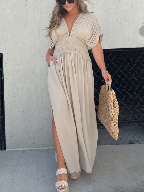 Nina | Damen Maxi Kleid V-Ausschnitt Schlitz Fließend