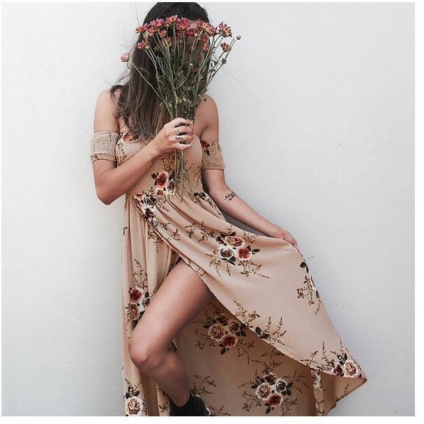 Damen Maxikleid mit schulterfreiem Design und floralen Mustern Drune