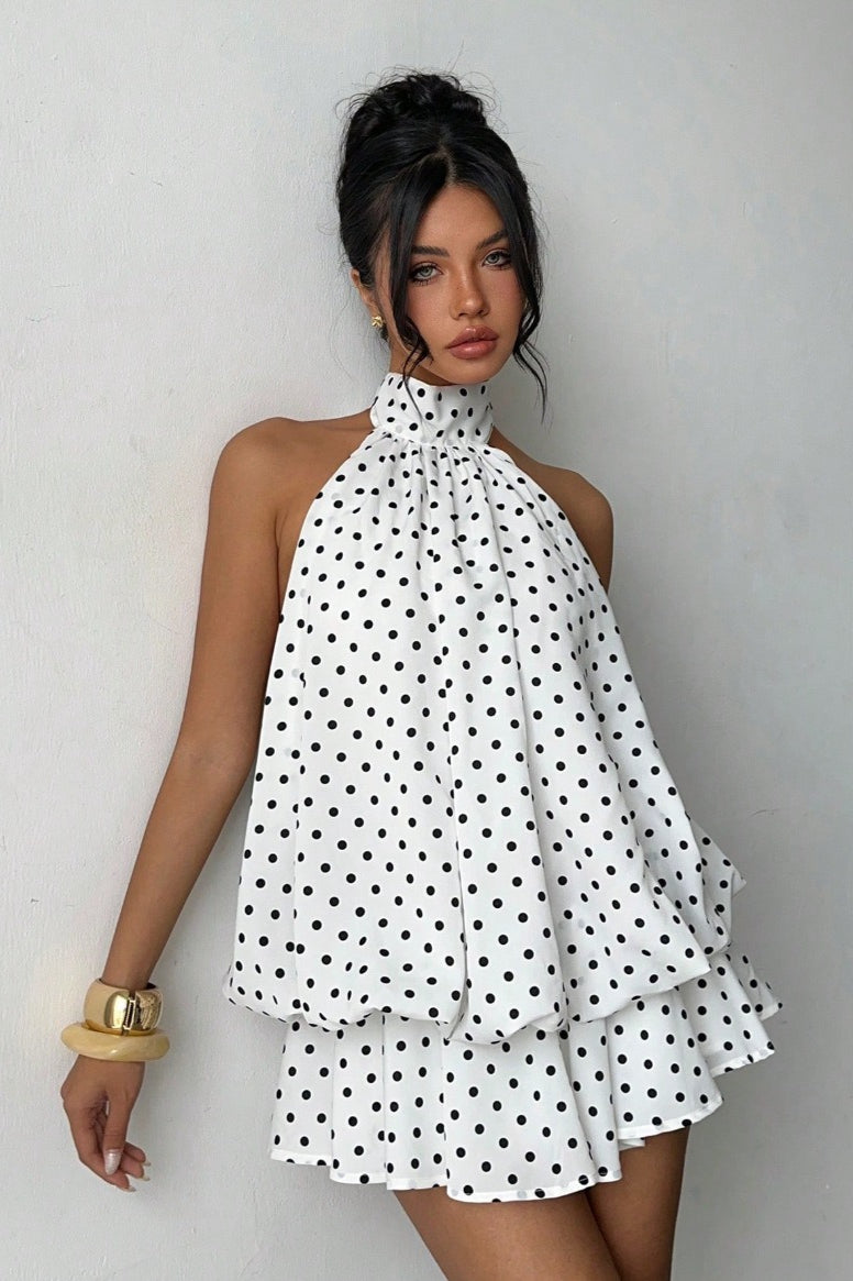 Polka Dot Halfter Minikleid mit rückenfreier Schnürung