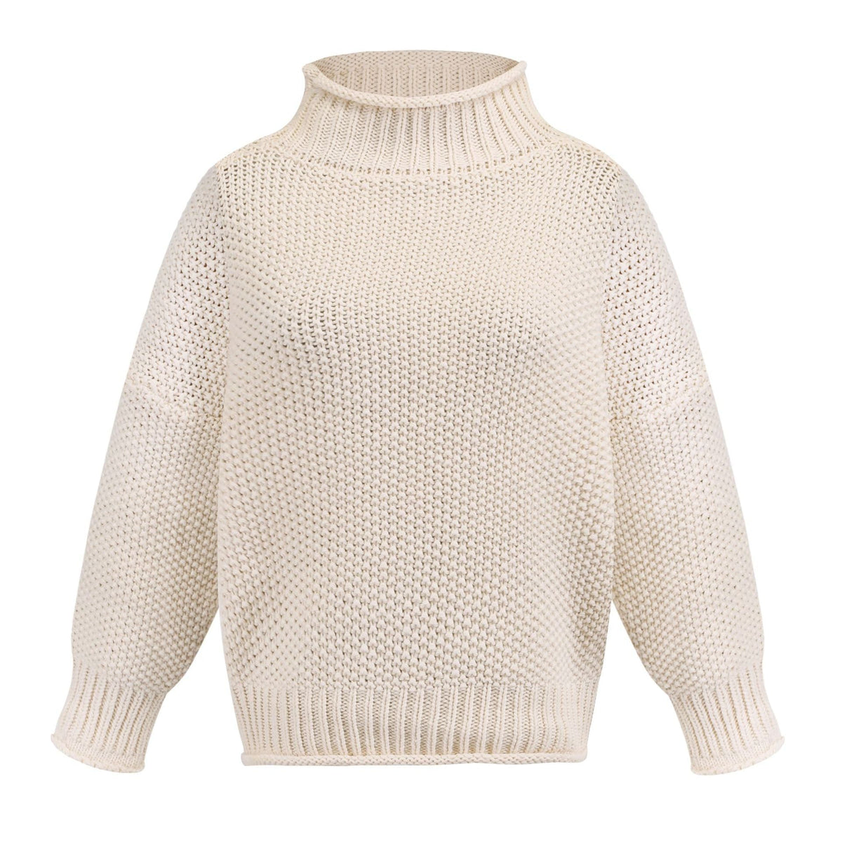 Damen nan Oversize Strickpullover mit Rollkragen, grobem Strukturstrick und Ballonärmeln Drune