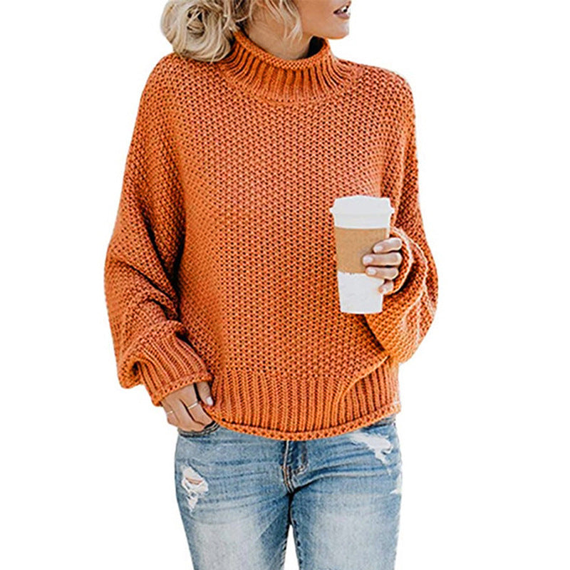 Damen nan Oversize Strickpullover mit Rollkragen, grobem Strukturstrick und Ballonärmeln Drune