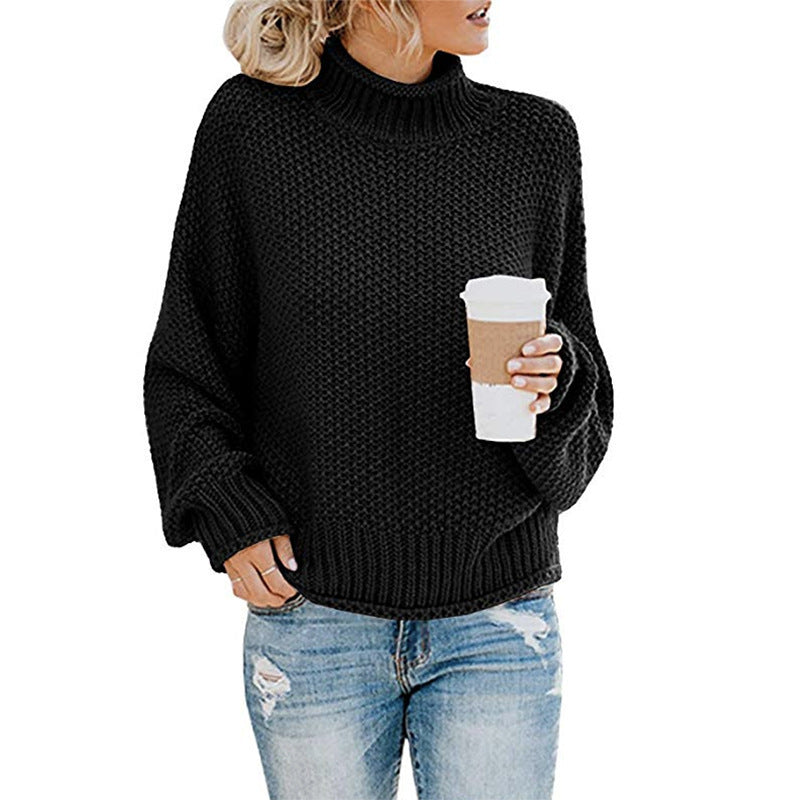 Damen nan Oversize Strickpullover mit Rollkragen, grobem Strukturstrick und Ballonärmeln Drune
