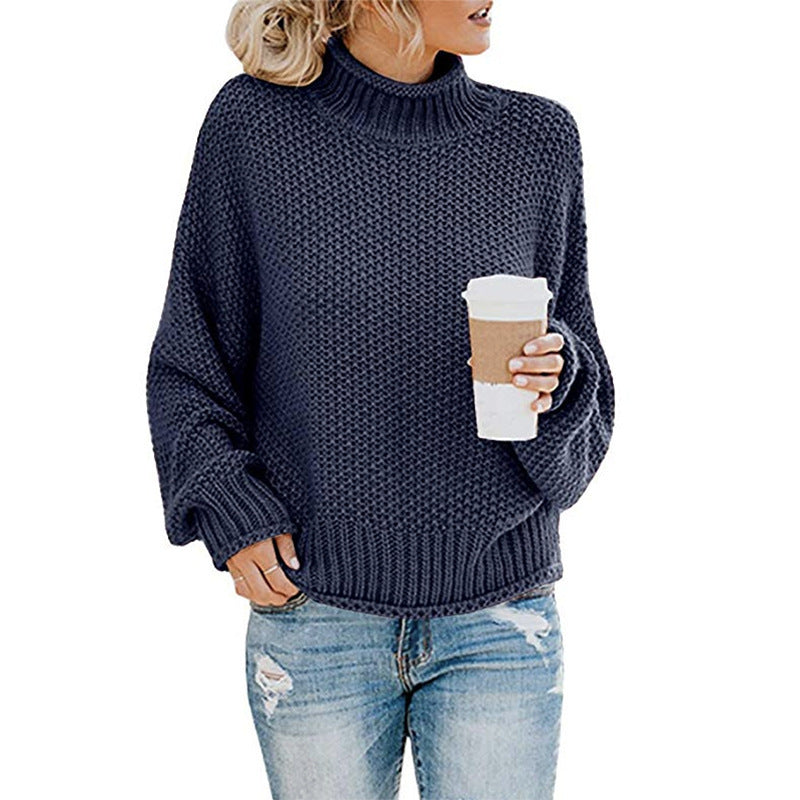 Damen nan Oversize Strickpullover mit Rollkragen, grobem Strukturstrick und Ballonärmeln Drune