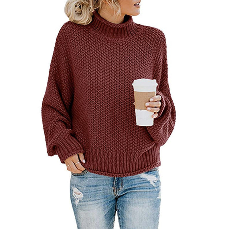 Damen nan Oversize Strickpullover mit Rollkragen, grobem Strukturstrick und Ballonärmeln Drune