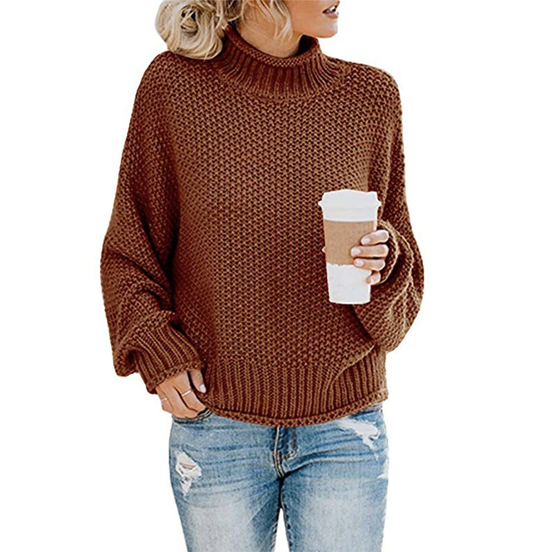 Damen nan Oversize Strickpullover mit Rollkragen, grobem Strukturstrick und Ballonärmeln Drune