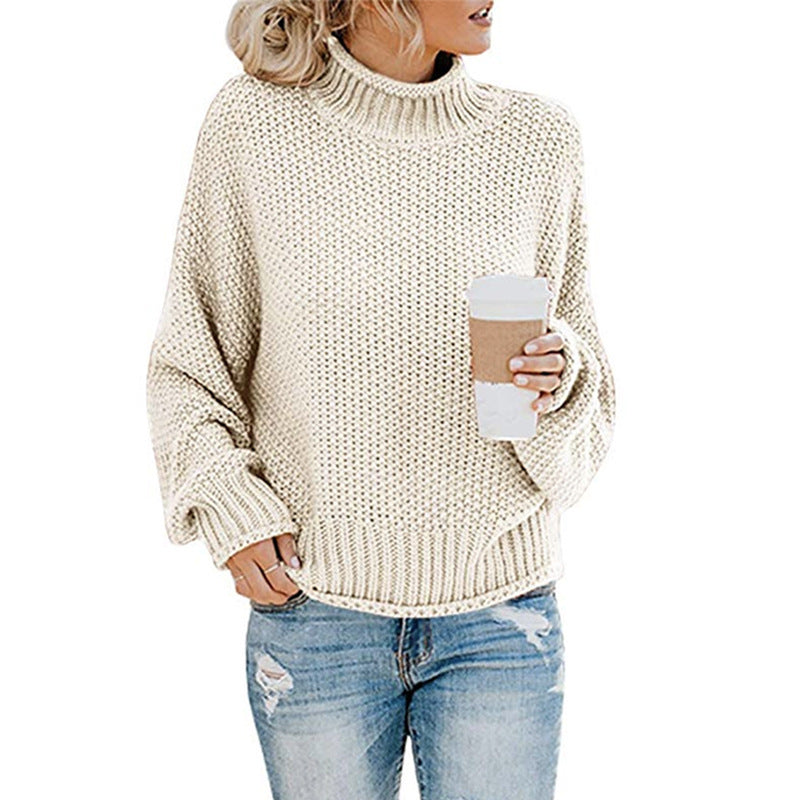 Damen nan Oversize Strickpullover mit Rollkragen, grobem Strukturstrick und Ballonärmeln Drune