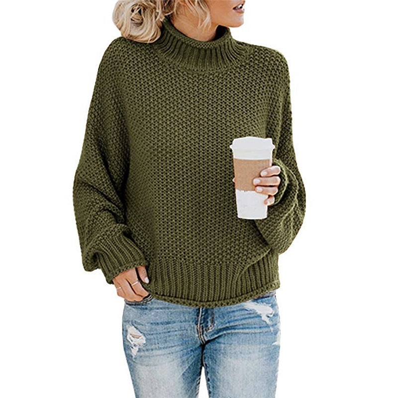 Damen nan Oversize Strickpullover mit Rollkragen, grobem Strukturstrick und Ballonärmeln Drune