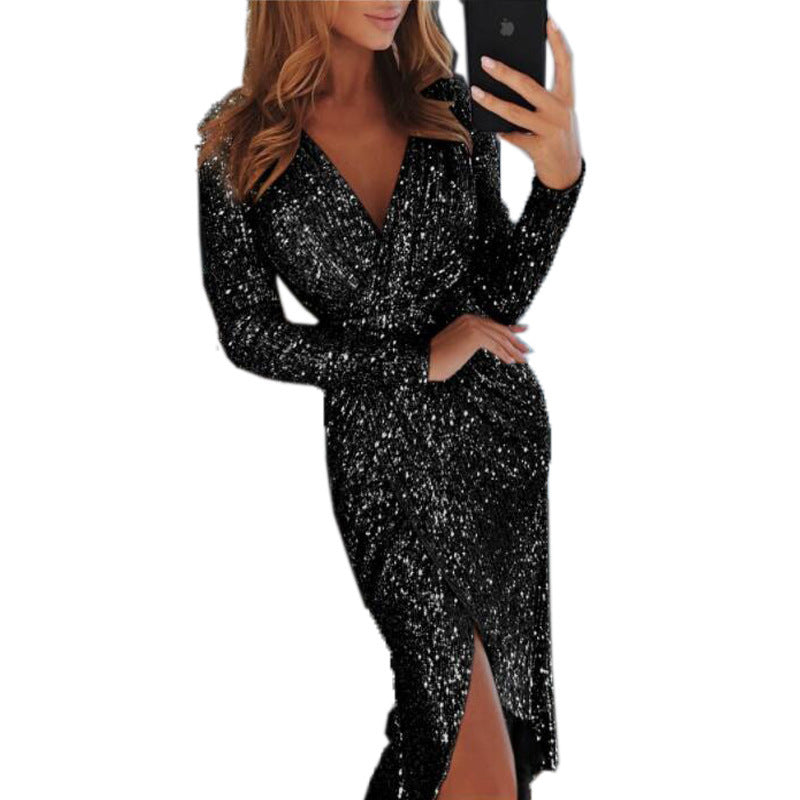 Damen nan glitzerndes Wickel-Midikleid mit V-Ausschnitt langen Ärmeln seitlichem Beinschlitz Drune
