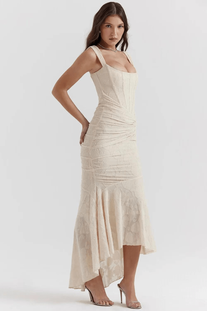 Annika | Damen Korsett Maxikleid Rüschen – Elegantes Korsett Maxi Kleid 2026