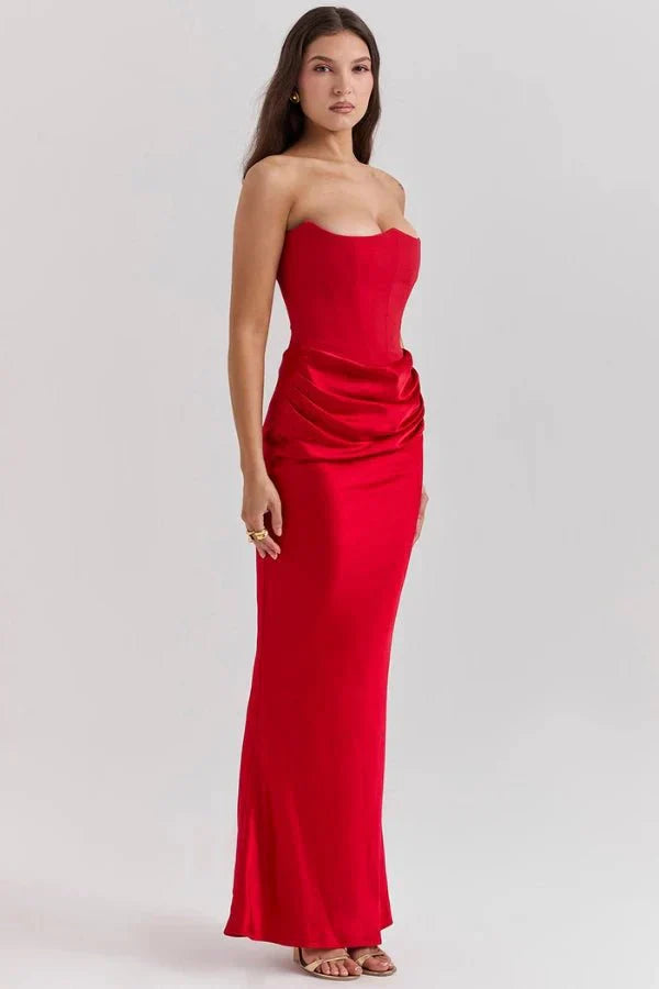 Sabrina | Damen Trägerloses Korsett Maxikleid Satin – Satin Korsett Maxi 2026