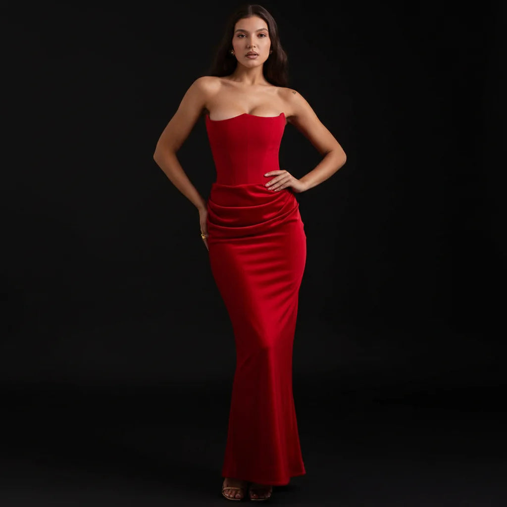 Sabrina | Damen Trägerloses Korsett Maxikleid Satin – Satin Korsett Maxi 2026
