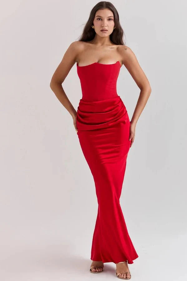 Sabrina | Damen Trägerloses Korsett Maxikleid Satin – Satin Korsett Maxi 2026