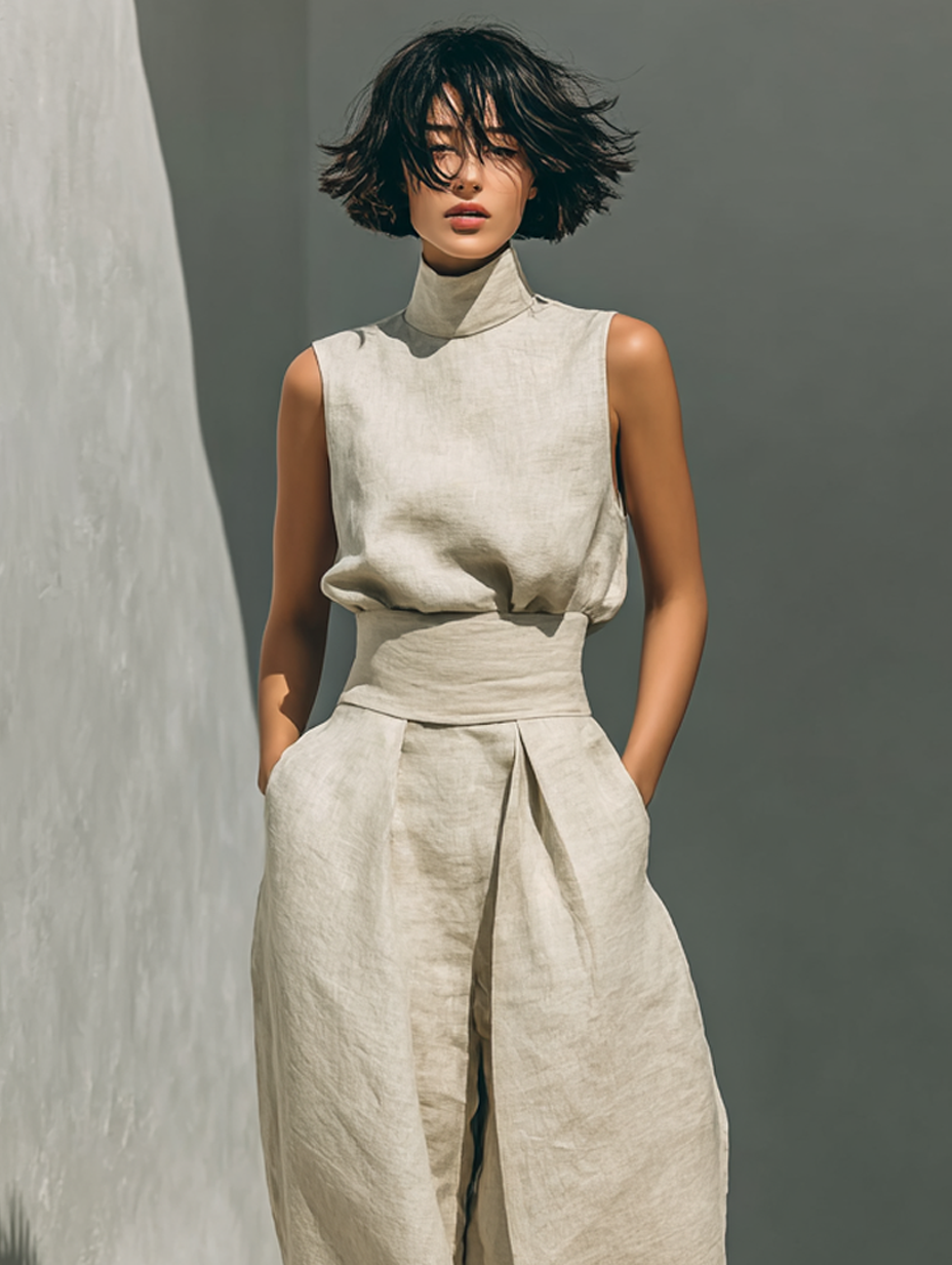 Maria – Set aus Tanktop und weiten Hosen aus Baumwolle und Leinen im minimalistischen Stil für Damen
