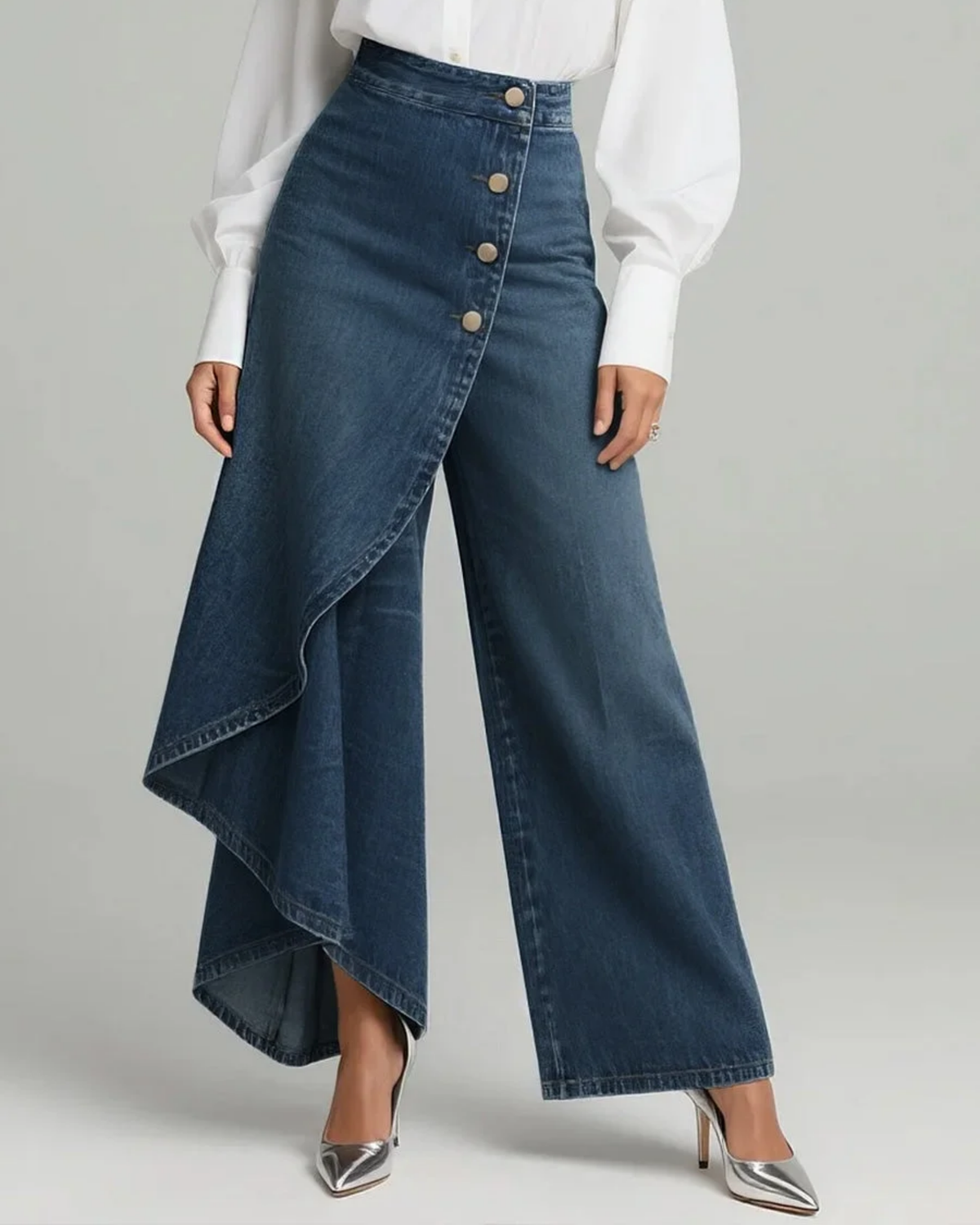 Elpida – Jeans Mit Wickeloverlay, Knopfleiste Vorne Und Weitem Bein