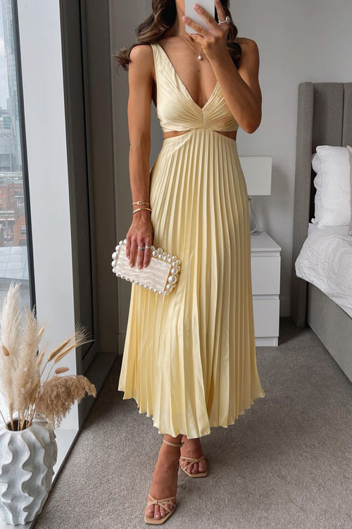 Damen Maxikleid mit V-Ausschnitt Taillen-Cut-Out ärmellos und plissiert