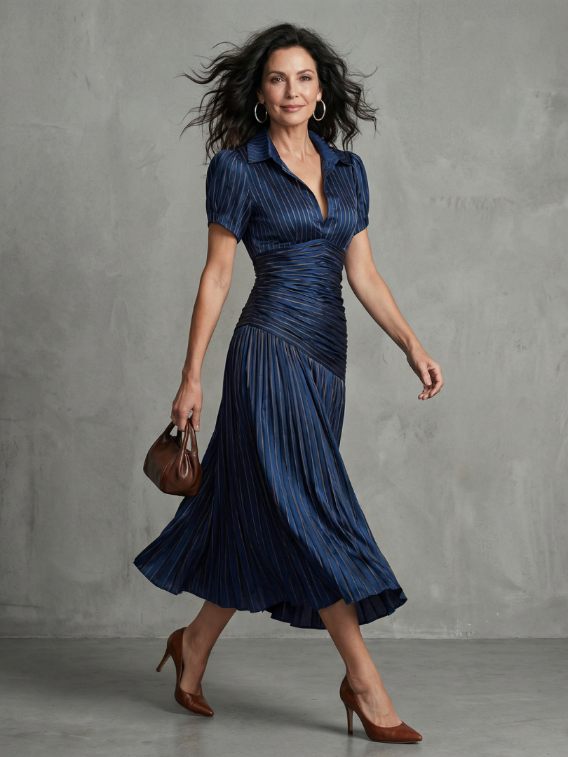 Theodora | Plissierter Taillenstreifen Midi-Kleid