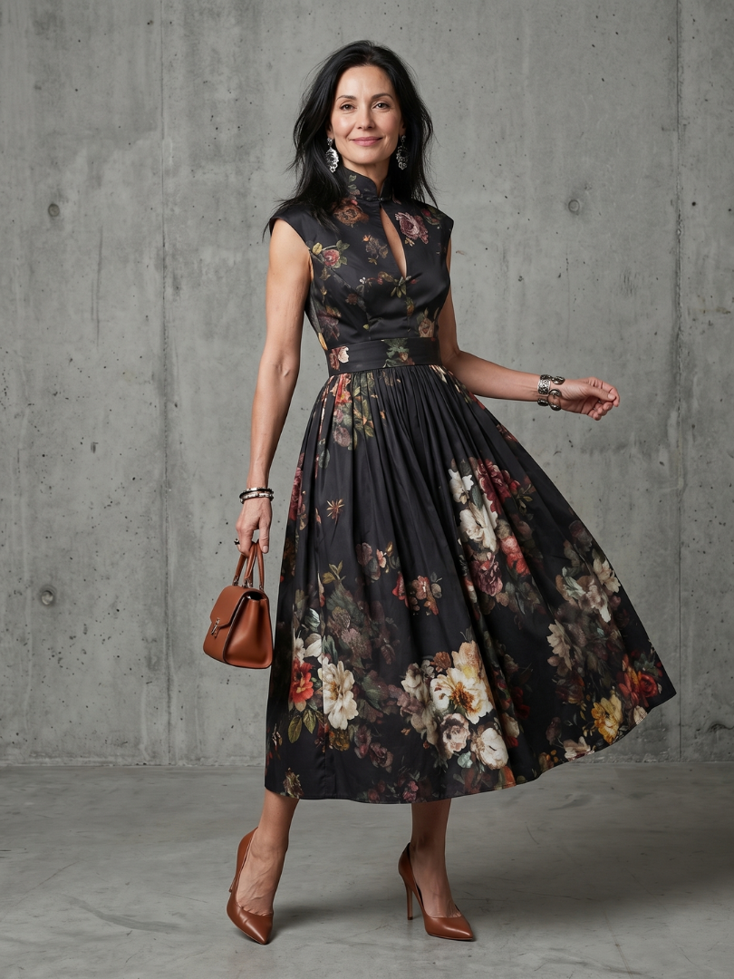 Greta | Hochgeschlossenes Schlüsselloch Blumen Falten Midi Kleid