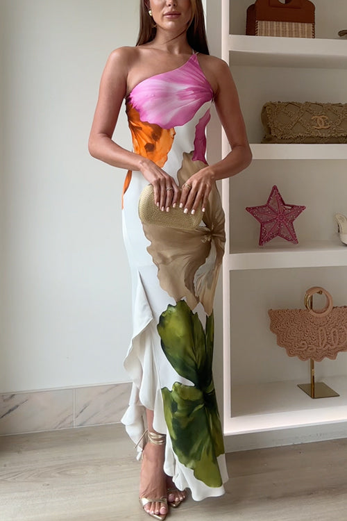 Damen One Shoulder Maxikleid mit Blumendruck Drapierung Rüschen und Seitenschlitz