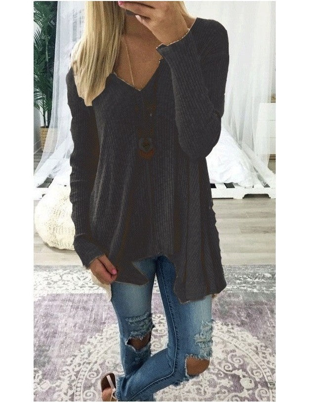 Damen nan lockerfallende Rippstrick Tunika mit V-Ausschnitt und asymmetrischem Saum Drune