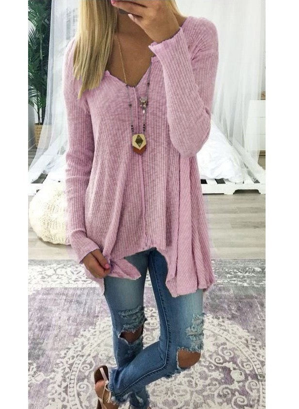 Damen nan lockerfallende Rippstrick Tunika mit V-Ausschnitt und asymmetrischem Saum Drune