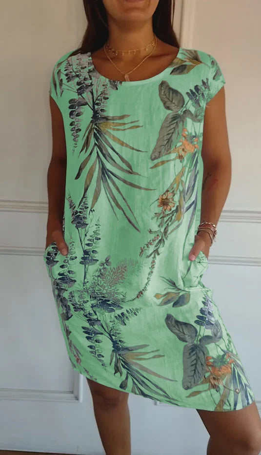 Damen Baumwolle Leinen Bedrucktes Sommerkleid mit Taschen