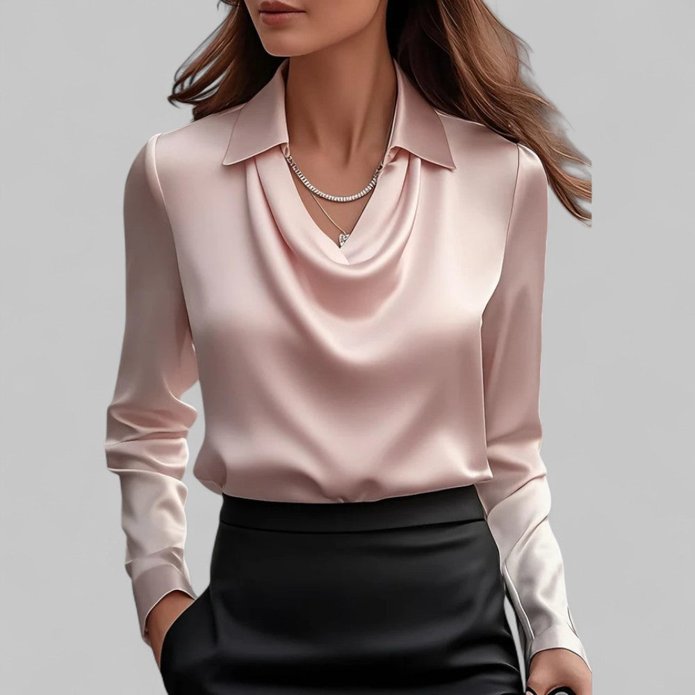 Rose Damen langärmelige Satinbluse mit Drapierung