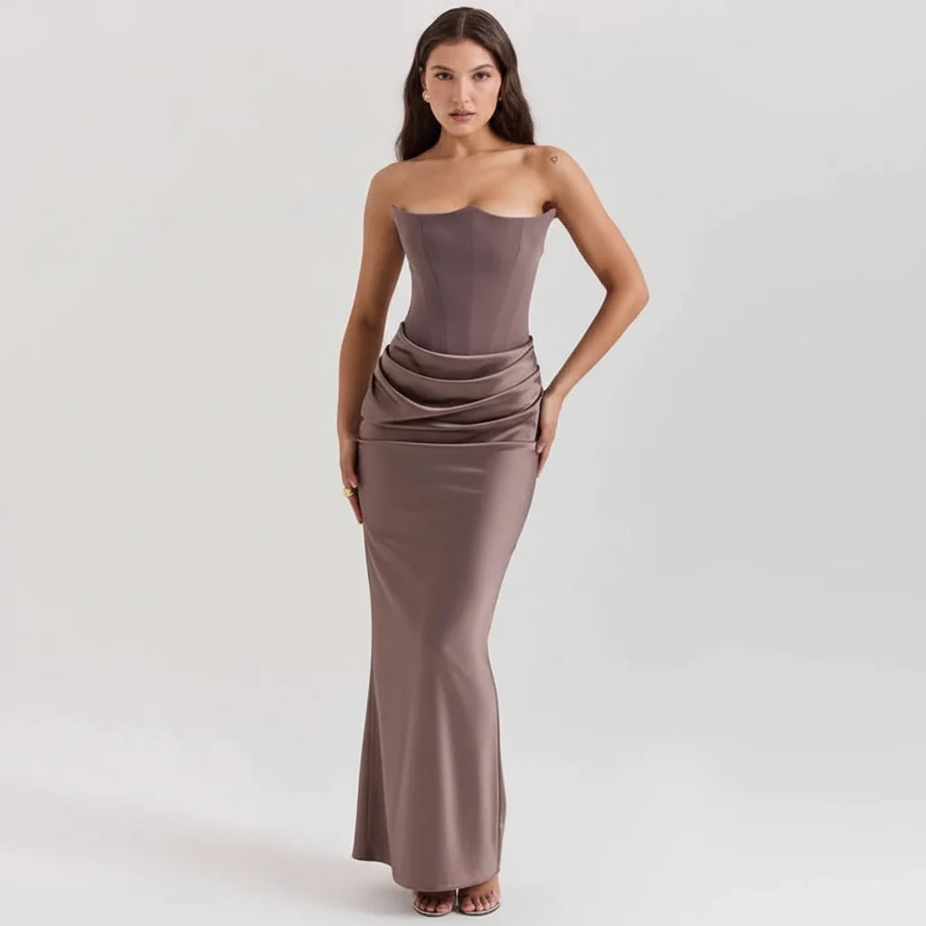 Sabrina | Damen Trägerloses Korsett Maxikleid Satin – Satin Korsett Maxi 2026