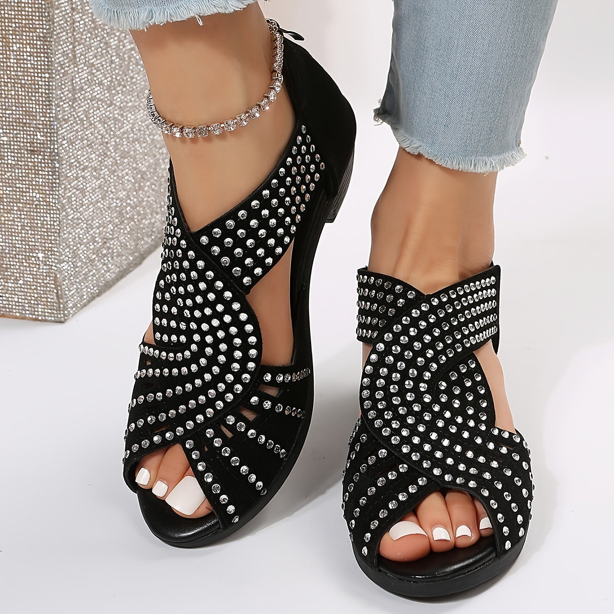 Denuta – Zehenfreie Keilabsatzsandalen Mit Strasssteinen