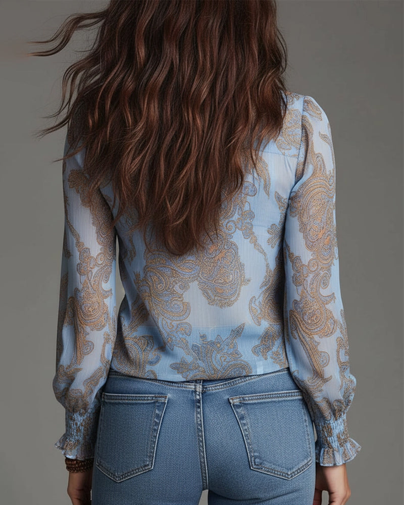 Norayi - Bluse aus Soft-Touch-Material mit Rüschenärmeln, V-Ausschnitt und Print