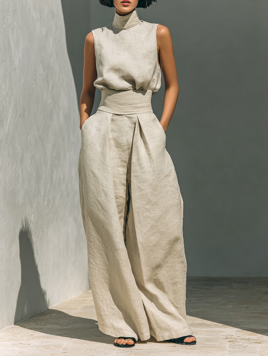 Maria – Set aus Tanktop und weiten Hosen aus Baumwolle und Leinen im minimalistischen Stil für Damen