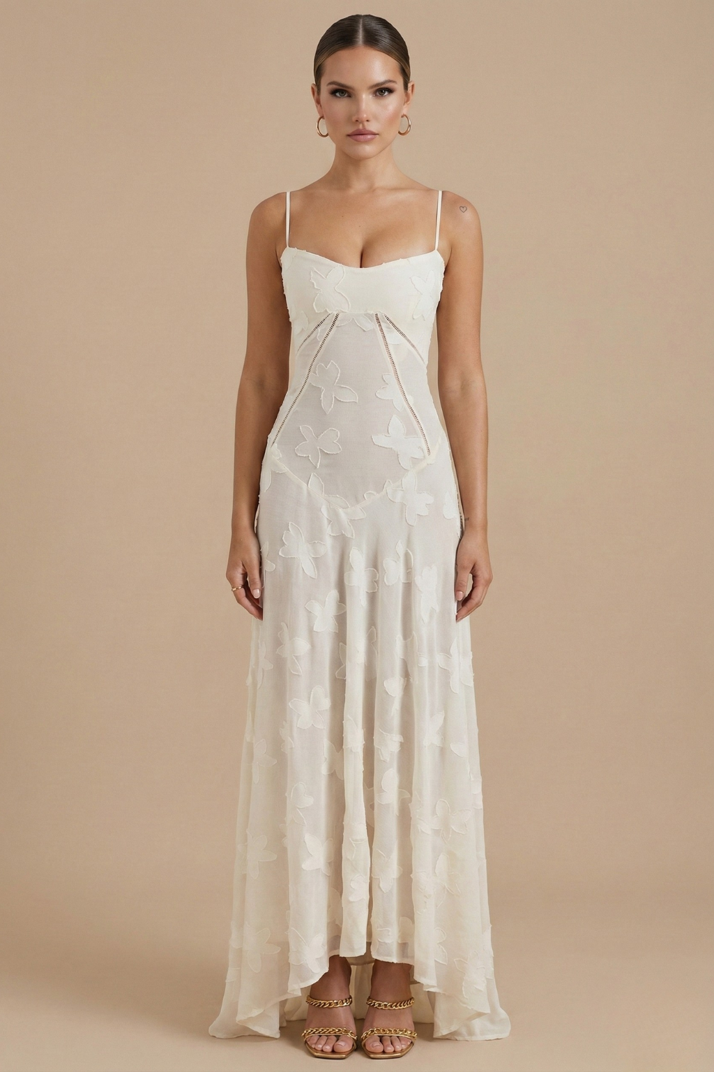Damen Maxikleid mit Blumenmuster, Spaghettiträgern und taillierter Passform