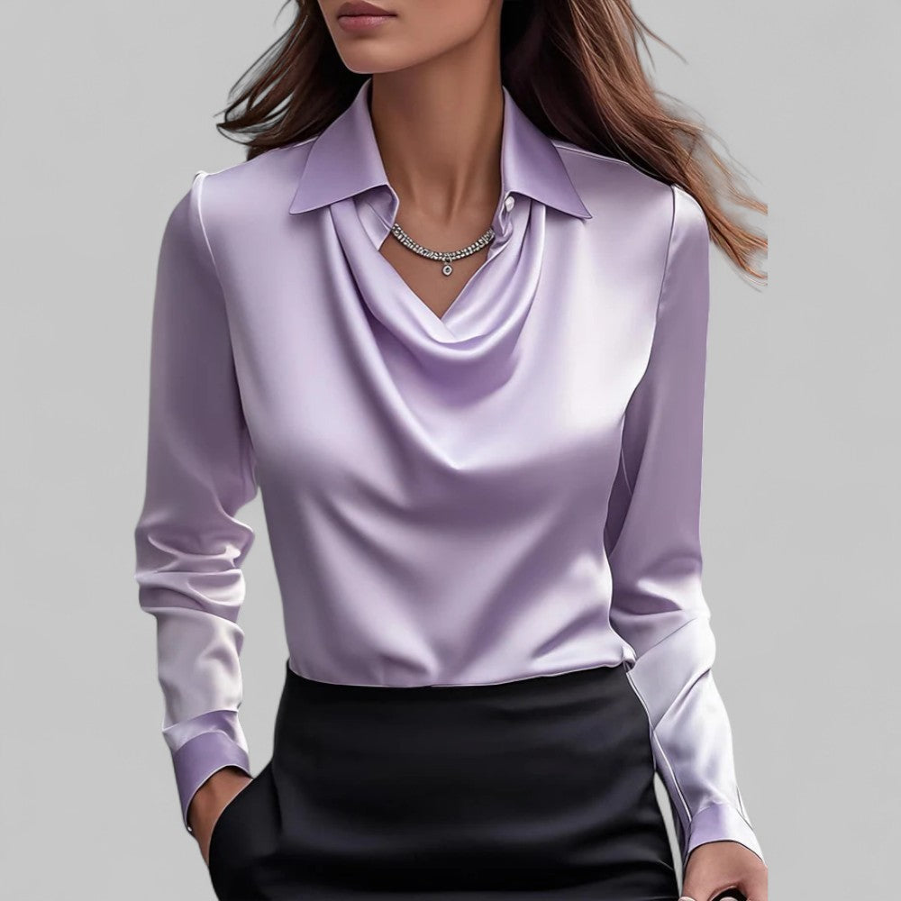 Rose Damen langärmelige Satinbluse mit Drapierung