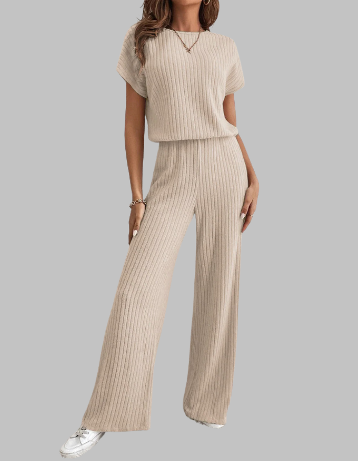 Paula | Damen Rippstrick-Set Kurzarm Top Weite Hose Casual