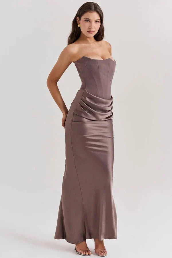 Sabrina | Damen Trägerloses Korsett Maxikleid Satin – Satin Korsett Maxi 2026