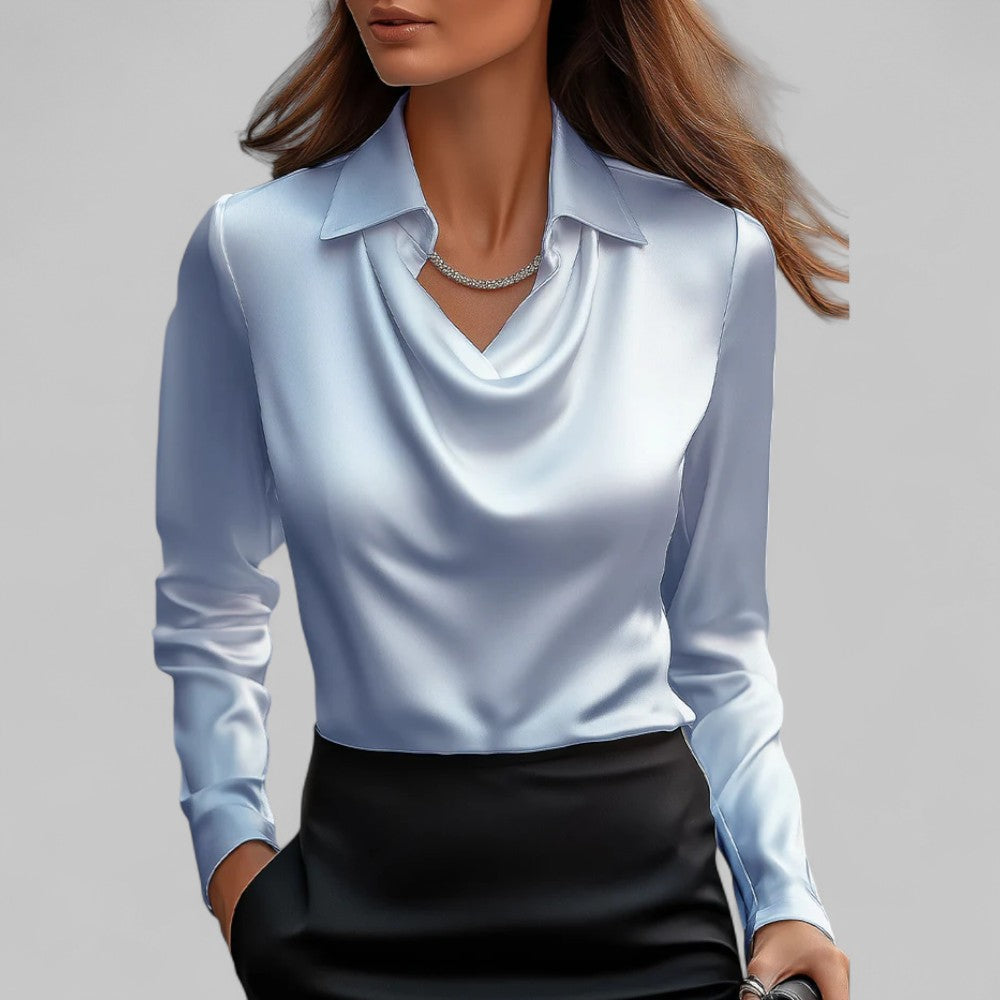 Rose Damen langärmelige Satinbluse mit Drapierung