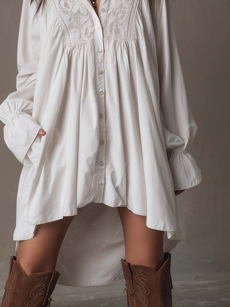Retro-Stil Spitzen Unregelmäßiger Saum Langärmliges Mini-Kleid