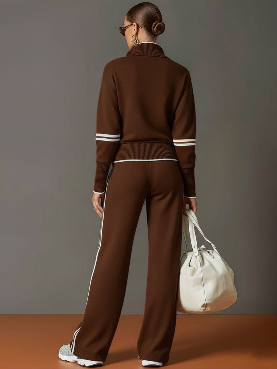 Vintage-inspirierter grauer und weißer Halbzip-Sweatshirt mit weitem Hosen-Set