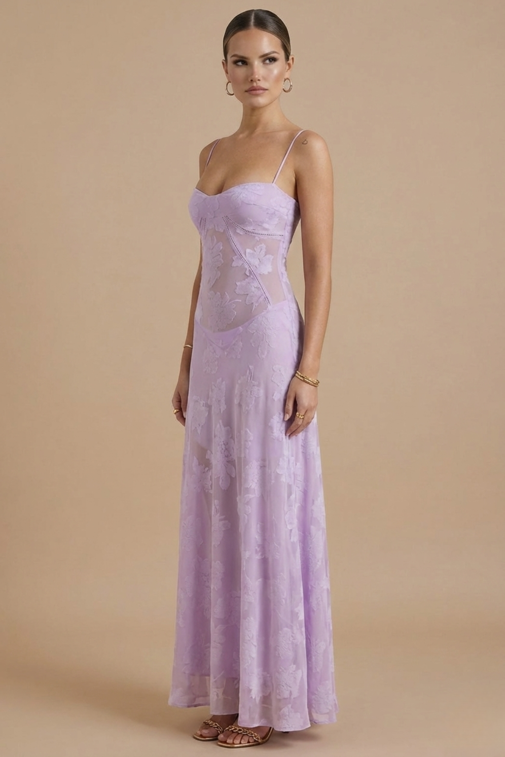Damen Maxikleid mit Blumenmuster, Spaghettiträgern und taillierter Passform