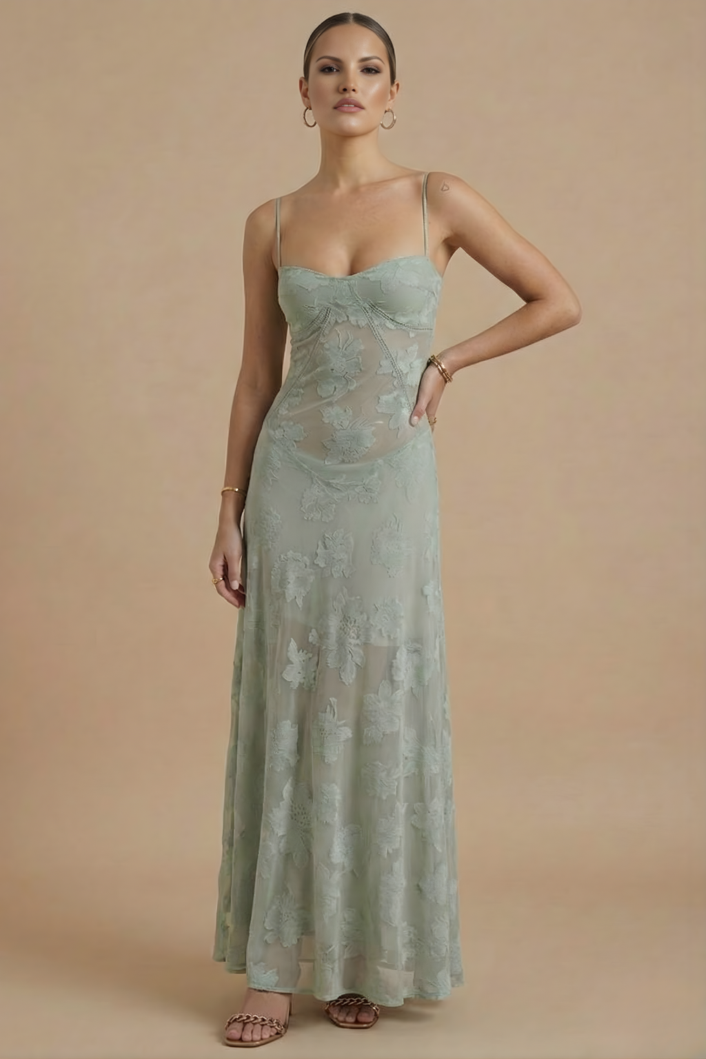Damen Maxikleid mit Blumenmuster, Spaghettiträgern und taillierter Passform
