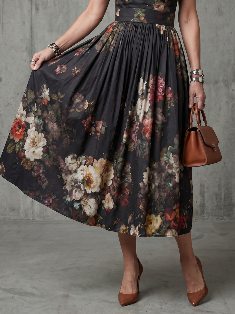 Greta | Hochgeschlossenes Schlüsselloch Blumen Falten Midi Kleid