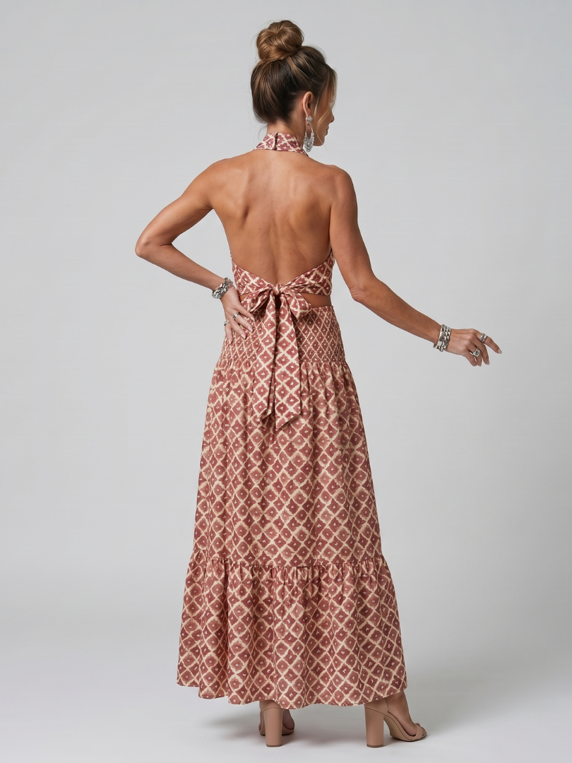 Amira | Geometrischer Print Cutout Midi-Kleid mit Kreuzträger
