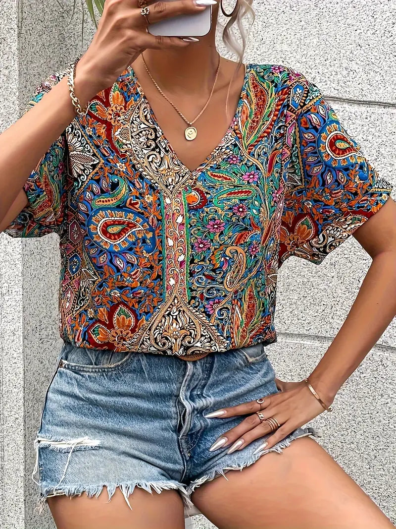 Harper - Vintage-Bluse mit V-Ausschnitt und kurzen Ärmeln