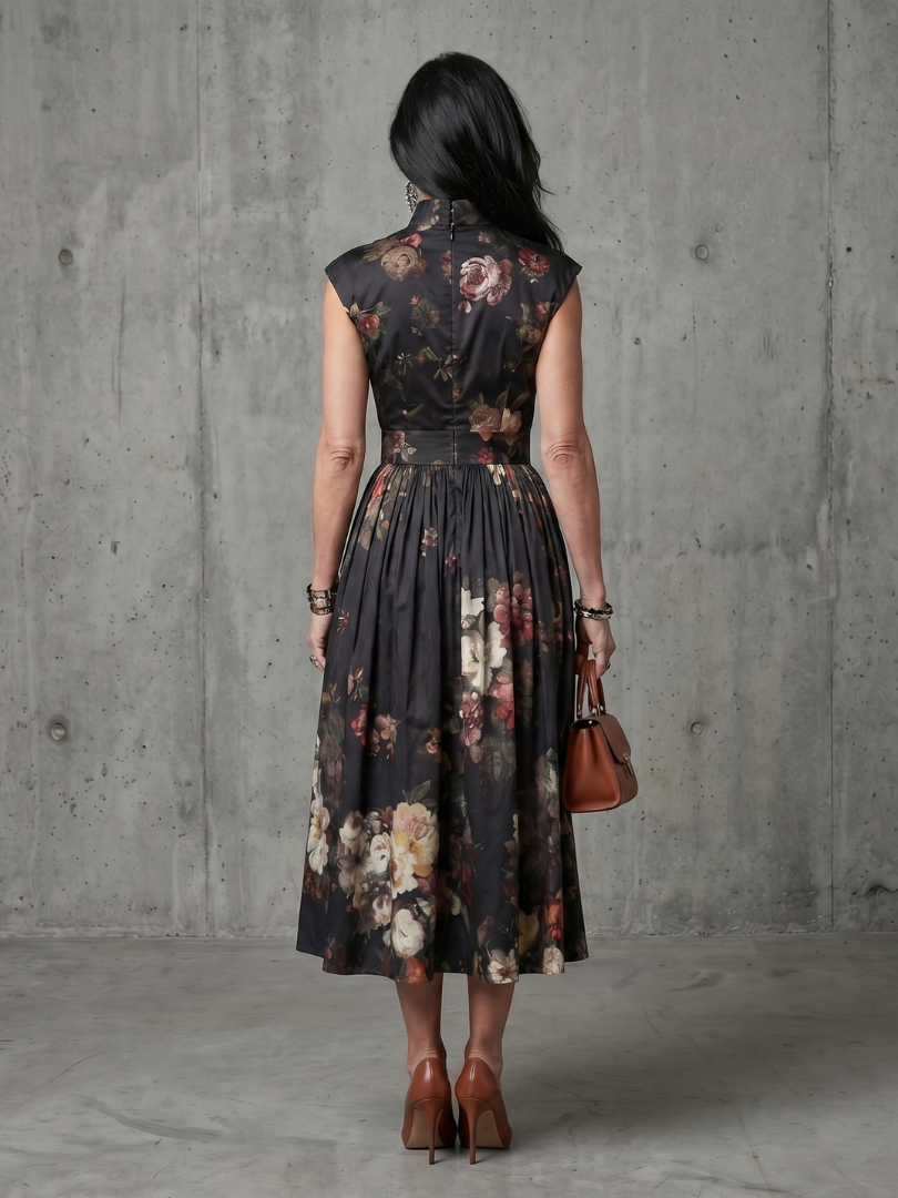 Greta | Hochgeschlossenes Schlüsselloch Blumen Falten Midi Kleid