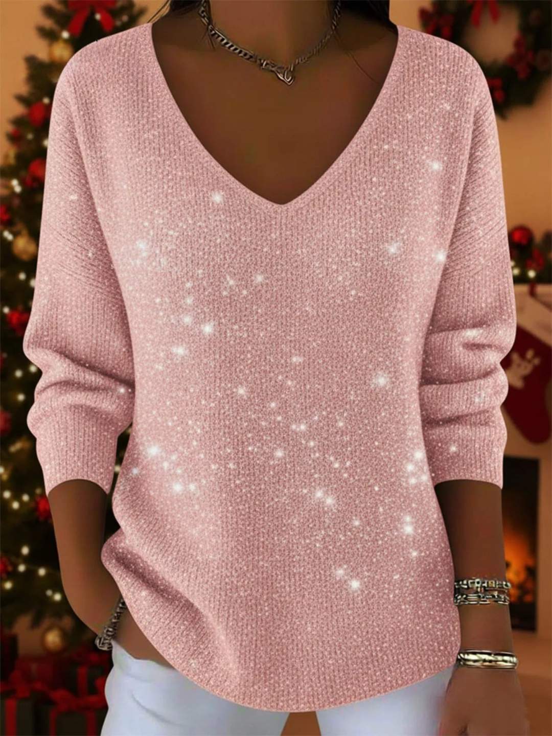 Falyn – Eleganter Pullover Mit V-Ausschnitt Und Glitzer