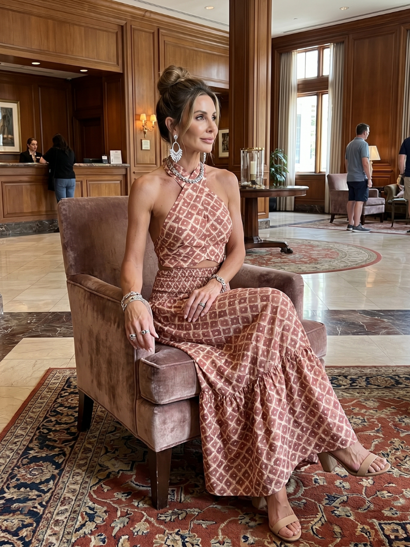 Amira | Geometrischer Print Cutout Midi-Kleid mit Kreuzträger