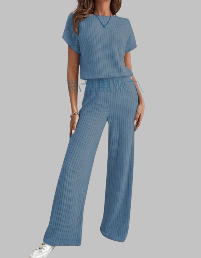 Paula | Damen Rippstrick-Set Kurzarm Top Weite Hose Casual