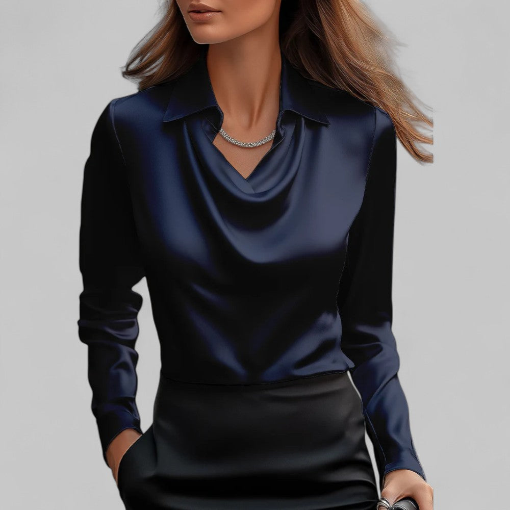 Rose Damen langärmelige Satinbluse mit Drapierung