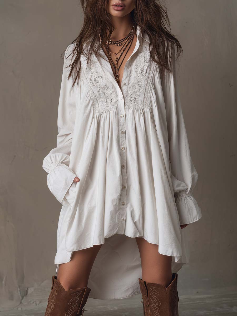 Retro-Stil Spitzen Unregelmäßiger Saum Langärmliges Mini-Kleid